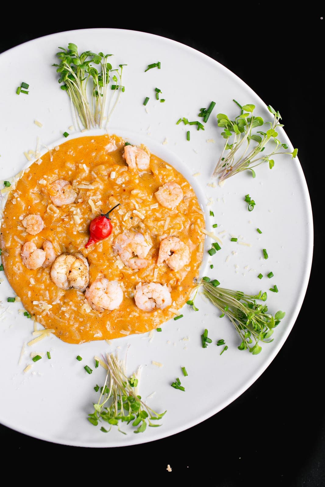 Risoto de camarão com pimenta, cebolinha e brotos em prato branco